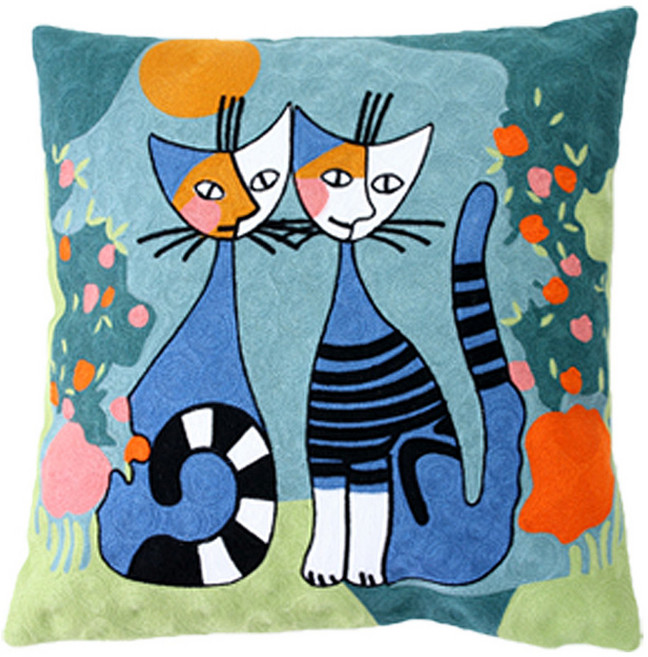 해피툴 모던 고양이 자수 쿠션 커버 + 솜, 블루고양이