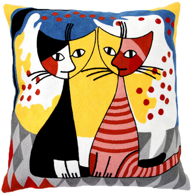 해피툴 모던 고양이 자수 쿠션 커버 + 솜, 블랙레드고양이