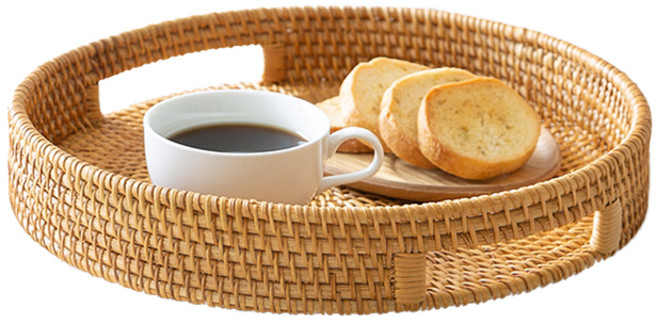 이소품 라탄 원형 손잡이 라탄 트레이, 내추럴