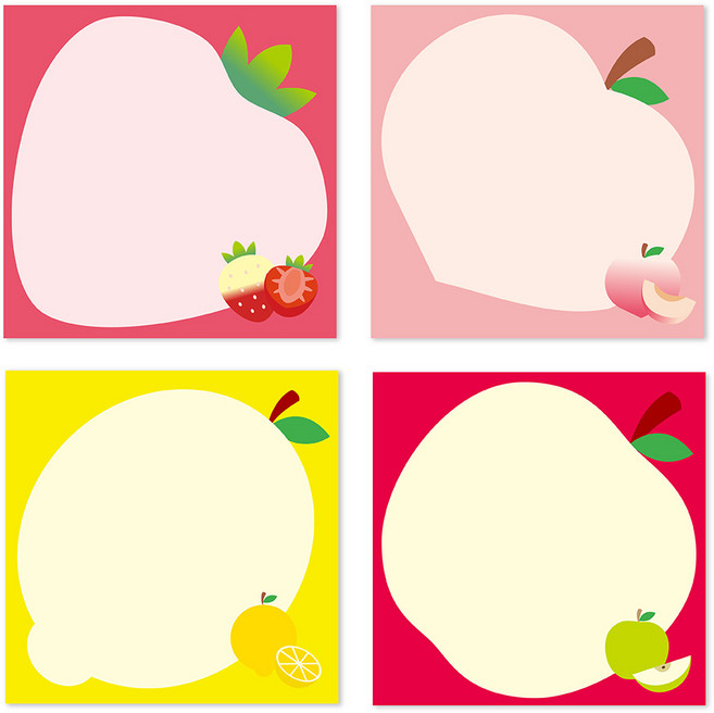 정사각 후르츠 떡메모지 4종 세트, 딸기 + 레몬 + 복숭아 + 사과, 1세트