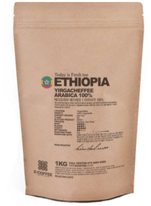 엑스데일리커피 에디오피아예가체프 원두커피, 홀빈(분쇄안함), 1kg, 1개