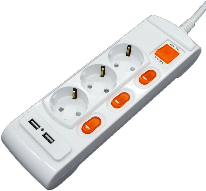 거성산업 개별스위치 3구 USB멀티탭 + 안전커버 2p, 2.5m, 1세트