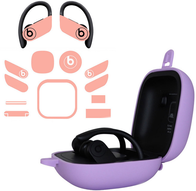 쵸미앤세븐 파워 비츠 프로 파스텔 실리콘 키링 케이스 + 스킨 스티커 세트, 퍼플(케이스), 베이비핑크(스티커), 1개