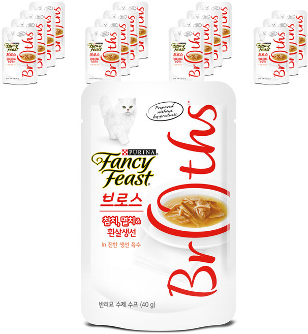 팬시피스트 브로스 고양이 간식 파우치 생선, 참치 + 멸치 + 흰살생선 + 진한 생선 육수 혼합맛, 40g, 16개