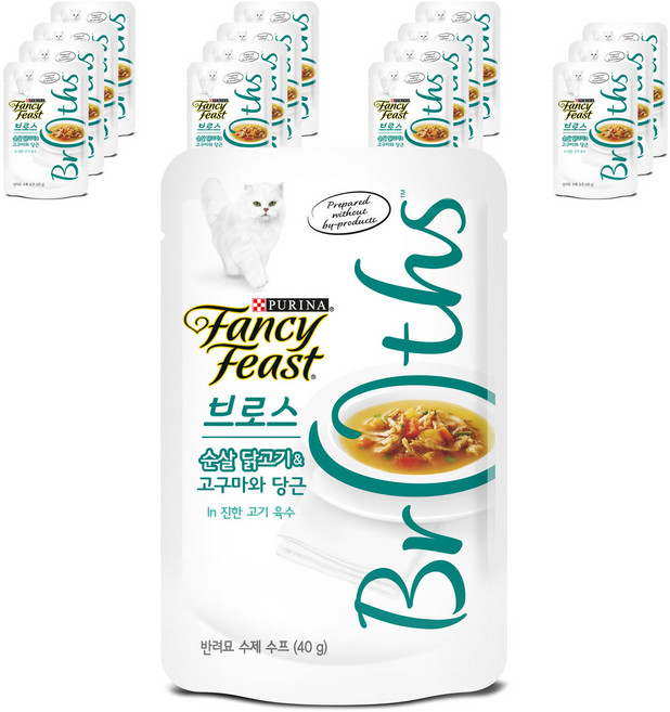 팬시피스트 브로스 고양이 간식 파우치, 혼합맛(순살 닭고기/고구마/당근/진한 고기 육수), 40g, 16개
