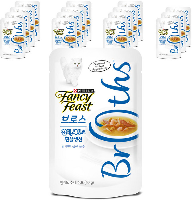 팬시피스트 브로스 고양이 간식 파우치 생선, 참치 + 새우 + 흰살생선 + 진한 생선 육수 혼합맛, 40g, 16개