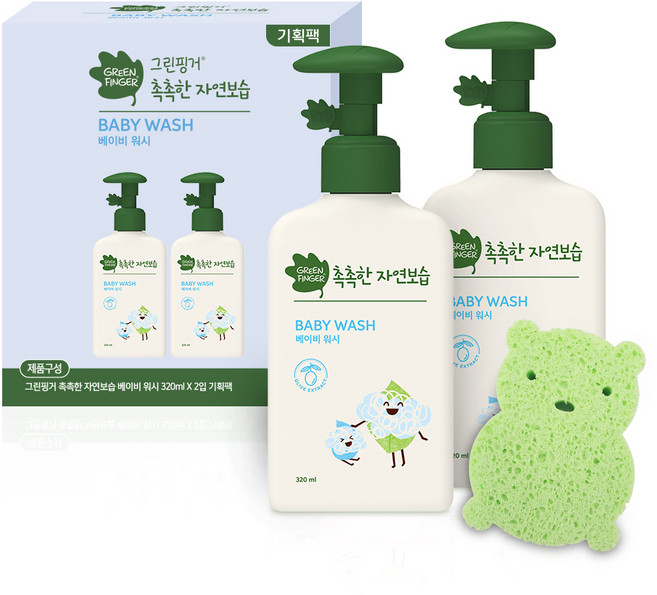 그린핑거 촉촉한 자연보습 베이비 워시 기획팩 320ml x 2p + 베이비 샤워 퍼프 세트, 1세트