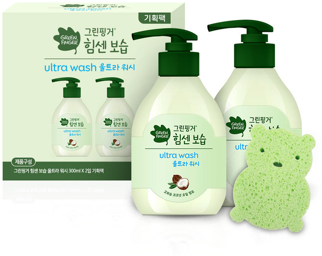 그린핑거 힘센 보습 울트라 워시 기획팩 300ml x 2p + 베이비 샤워 퍼프 세트, 1세트
