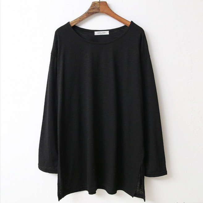 TEETAK 女款大尺碼寬鬆船型領淺紋路加長版長袖T恤