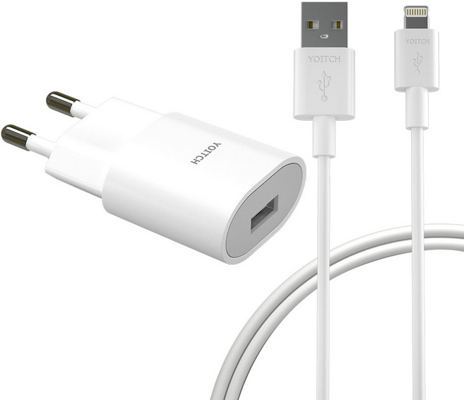 요이치 아이폰 USB 1.2A 아답터 + 8핀 케이블 2세대 2m 세트, 화이트, 1세트