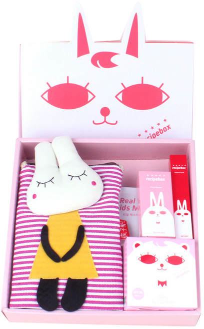 레시피박스 해피박스 어린이 메이크업 5종 세트, 가방(랜덤) + 어린이 마스크팩 2p + 매니큐어 체리블라썸 + 립크레용 + 데일리 썬쿠션, 1세트