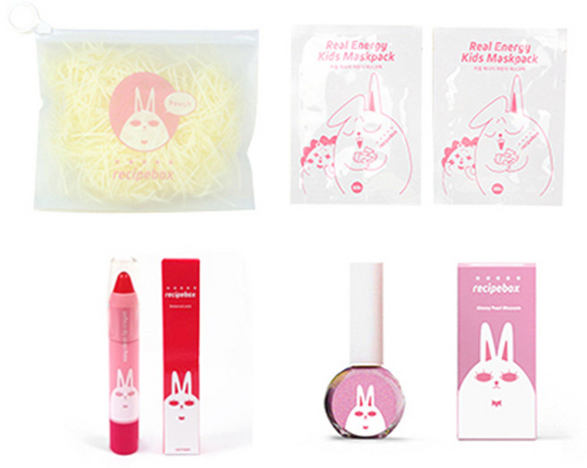 레시피박스 어린이 여행용 심플 메이크업 세트, 휴대용 파우치 + 어린이 마스크팩 2p + 립크레용 + 매니큐어 글로시펄 블라썸, 1세트