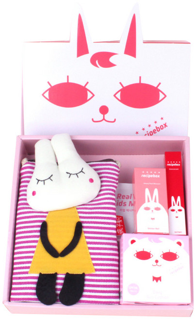 레시피박스 해피박스 어린이 메이크업 5종 세트, 가방(랜덤) + 어린이 마스크팩 2p + 매니큐어 글로시펄블라썸 + 립크레용 + 데일리 썬쿠션, 1세트