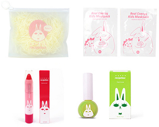 레시피박스 어린이 여행용 심플 메이크업 세트, 휴대용 파우치 + 어린이 마스크팩 2p + 립크레용 + 매니큐어 프레쉬 그린, 1세트