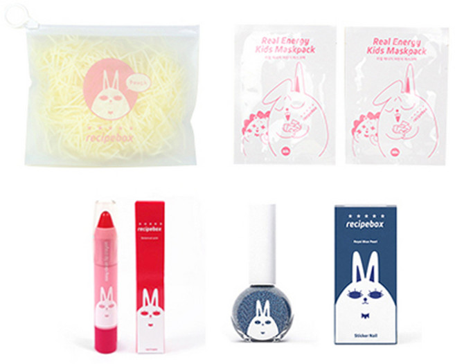 레시피박스 어린이 여행용 심플 메이크업 세트, 휴대용 파우치 + 어린이 마스크팩 2p + 립크레용 + 매니큐어 로얄펄블루, 1세트