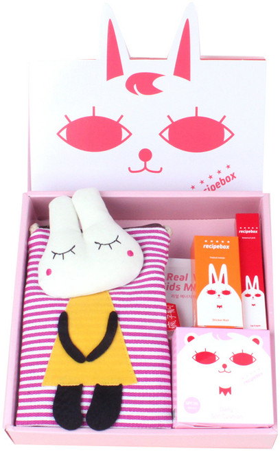 레시피박스 해피박스 어린이 메이크업 5종 세트, 가방(랜덤) + 어린이 마스크팩 2p + 매니큐어 트로피컬 오렌지 + 립크레용 + 데일리 썬쿠션, 1세트