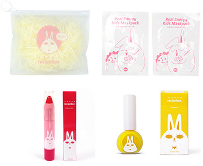 레시피박스 어린이 여행용 심플 메이크업 세트, 휴대용 파우치 + 어린이 마스크팩 2p + 립크레용 + 매니큐어 쁘띠 옐로우, 1세트