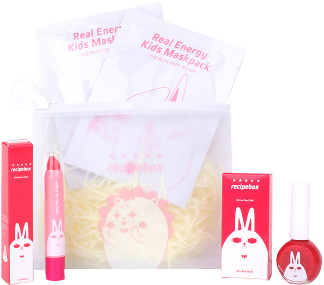 레시피박스 어린이 여행용 심플 메이크업 세트, 휴대용 파우치 + 어린이 마스크팩 2p + 립크레용 + 매니큐어 글로시펄 레드, 1세트