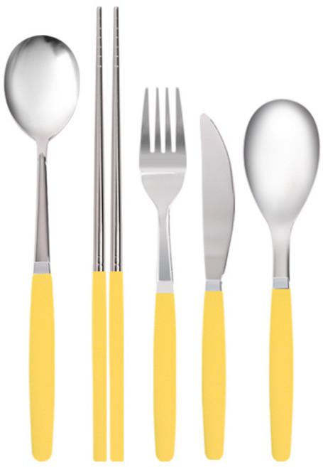 마호커트러리 틴트 성인용 한식 양식 수저 세트, 옐로우, 숟가락 + 젓가락 + 양식숟가락 + 포크 + 나이프