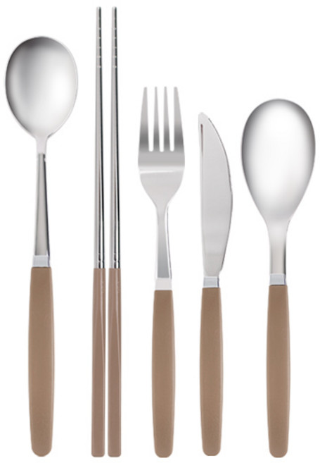 마호커트러리 틴트 성인용 한식 양식 수저 세트, 브라운, 숟가락 + 젓가락 + 양식숟가락 + 포크 + 나이프