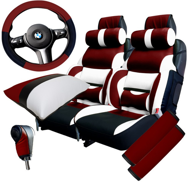 카월드 자동차 리무진 시트커버 1열 2p + 핸들커버 + 팔쿠션 + 기어커버 + 안전벨트커버 세트, 와인화이트, 1세트