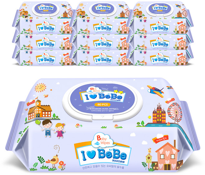 아이러브베베 보라 아기물티슈 캡형, 52g, 80매, 10개