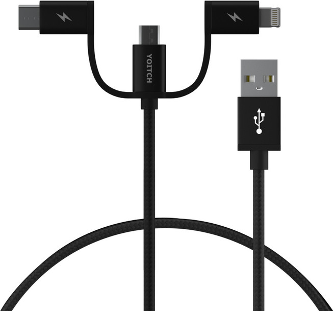 요이치 마운틴 3in1 고속충전 케이블, 100cm, 블랙, 1개