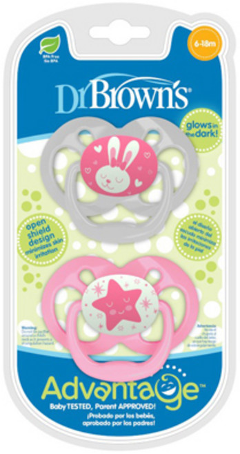 닥터브라운 어드밴트지 야광 노리개젖꼭지, 2단계(6~18개월), 핑크, 1세트