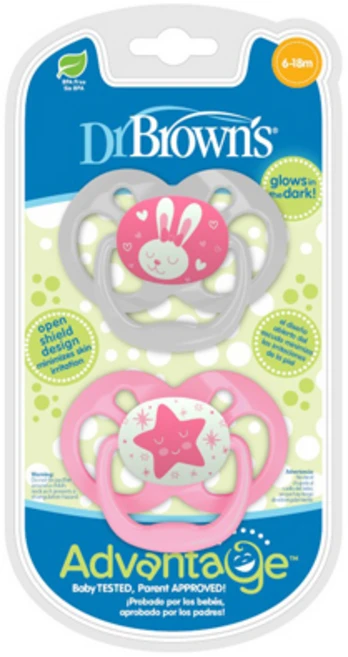 닥터브라운 어드밴트지 야광 노리개젖꼭지, 2단계(6~18개월), 핑크, 1세트 - 쿠팡