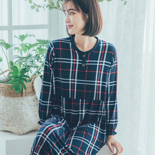 디에스도씨 여성용 피치 기모 긴팔 원피스 잠옷