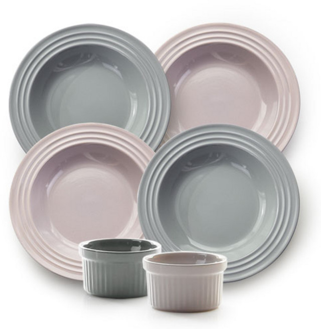 프렐류드 크리미 식기 세트 6p, 핑크, 그레이, 파스타볼 4p + 래머킨 2p