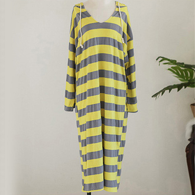 글램공감 여성용 통기성 순면 롤리폴리 단가라 긴팔 롱 후드 원피스