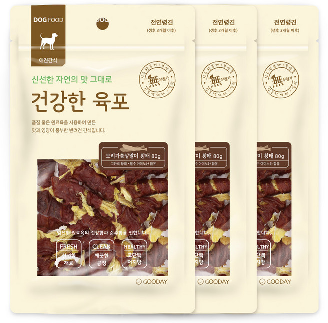 굿데이 강아지 건강한 육포, 오리가슴살말이 황태, 80g, 3개
