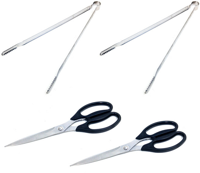코코렉스 악어 스텐 캠핑 바베큐 숯 집게 특대 40cm 2p + 고급 주방 고기 톱니 가위 2p 세트, 혼합색상, 1개