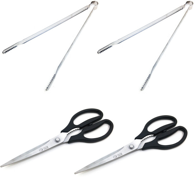 코코렉스 악어 스텐 캠핑 바베큐 숯 집게 특대 40cm 2p + 고급 주방 고기 양손 가위 2p 세트, 혼합색상, 1개