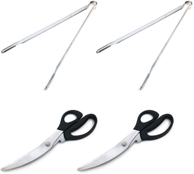 코코렉스 악어 스텐 캠핑 바베큐 숯 집게 특대 40cm 2p + 고급 주방 고기 바나나 가위 2p 세트, 혼합색상, 1개, 집게(특대)2P+가위2P