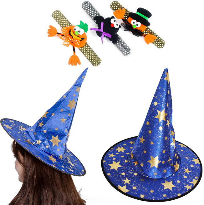 파티쇼 할로윈 별무늬 마법사모자 2p + 할로윈 팔찌 3종 세트, 블루, 1세트