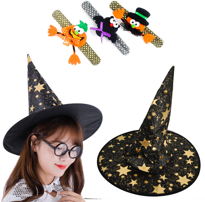 파티쇼 할로윈 별무늬 마법사모자 2p + 할로윈 팔찌 3종 세트, 블랙, 1세트