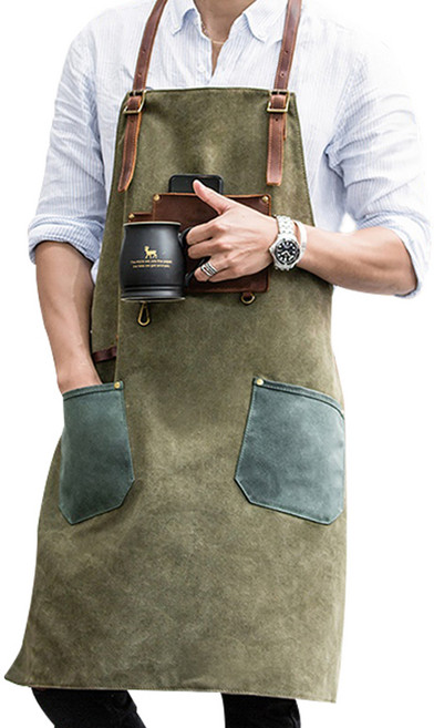 천연 소가죽 프리미엄 빈티지 데님 앞치마, 빈티지 카키, 1개