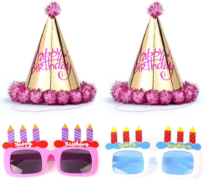 PARTY PANG 毛球生日錐形帽 燙金粉紅色 2入 + 生日蠟燭眼鏡 2種套組, 粉紅色, 白色, 1套