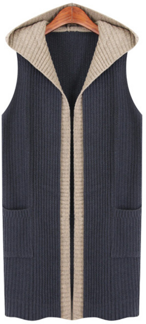 Loves 開襟撞色翻領長版連帽針織背心 VEST