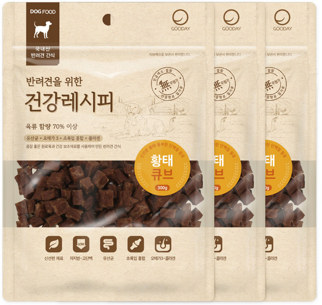 굿데이 건강레시피 큐브 강아지 간식, 황태, 300g, 3개