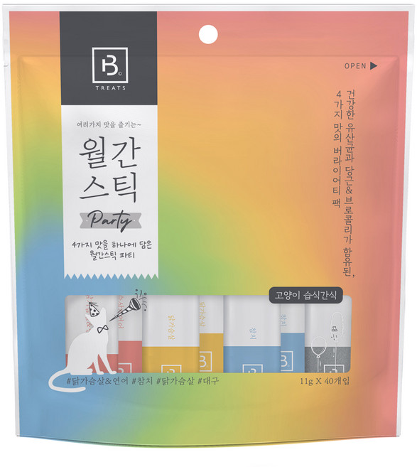 브리더랩 고양이 월간스틱 파티 짜먹는 간식 4종 세트, 혼합맛(닭가슴살/연어) + 참치 + 닭가슴살 + 대구, 11g, 1개