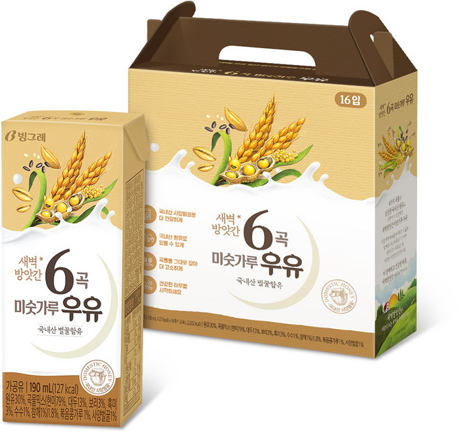 빙그레 새벽방앗간 6곡 미숫가루우유, 190ml, 16개입