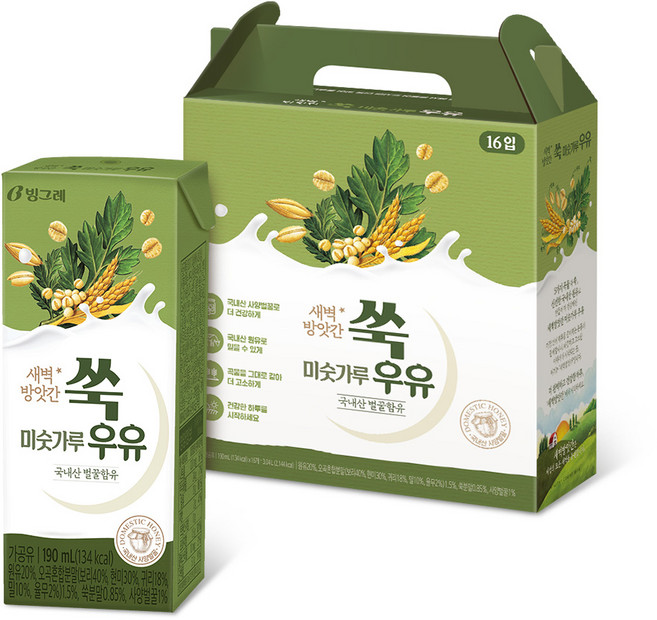 빙그레 새벽방앗간 6곡 미숫가루우유 쑥 16p, 190ml, 16개입