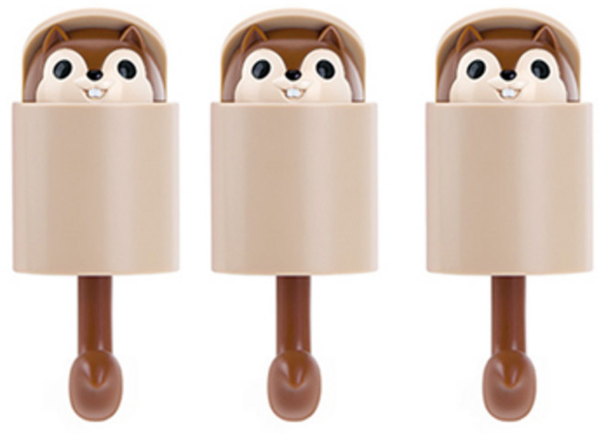 생활살림 피카부 무타공 귀여운 다람쥐 고리식 홀더, 브라운, 3개