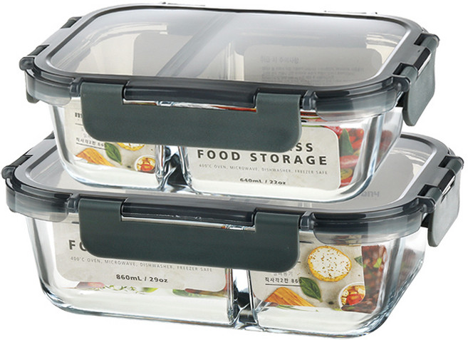 모드니 오븐글라스 락 밀폐용기 직사각 2칸 2종, 1세트, 640ml + 860ml