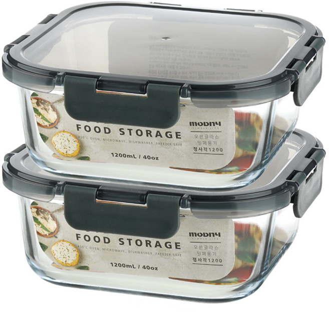 모드니 오븐글라스 정사각 밀폐용기, 2개, 1.2L