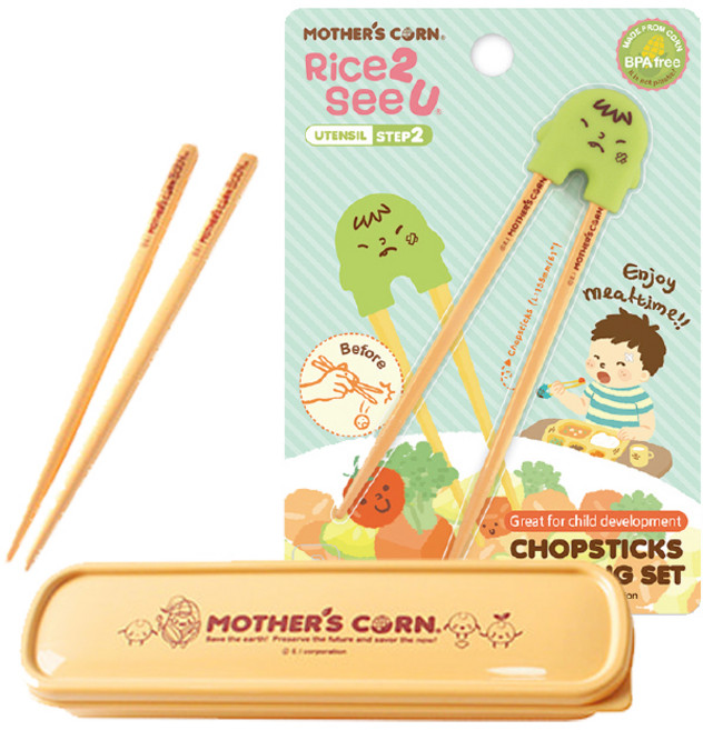 마더스콘 젓가락 2단 M 15.5cm + 연습용 젓가락 2단계 M 15.5cm + 쁘띠 스푼 케이스, 젓가락(개구쟁이 그린), 케이스(옐로우), 1세트