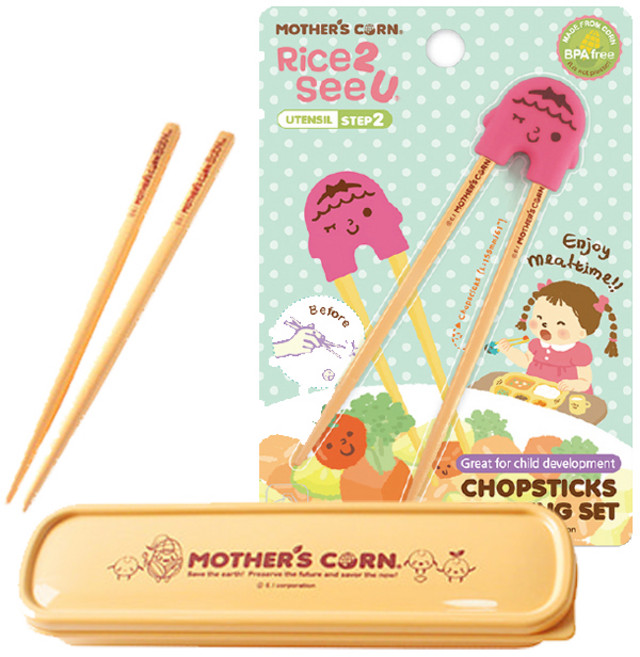 마더스콘 젓가락 2단 M 15.5cm + 연습용 젓가락 2단계 M 15.5cm + 쁘띠 스푼 케이스, 젓가락(이쁜이 핫핑크), 케이스(옐로우), 1세트